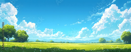 Beautiful grassy fields under a summer blue sky with fluffy white clouds blowing in the wind. Wide format image captures the sky behind a green field, creating a serene landscape of anime backgrounds.