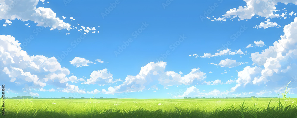 Beautiful grassy fields under a summer blue sky with fluffy white clouds blowing in the wind. Wide format image captures the sky behind a green field, creating a serene landscape of anime backgrounds. Beautiful grassy fields under a summer blue sky with fluffy white clouds blowing in the wind. Wide format image captures the sky behind a green field, creating a serene landscape of anime backgrounds.