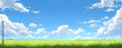 Beautiful grassy fields under a summer blue sky with fluffy white clouds blowing in the wind. Wide format image captures the sky behind a green field  creating a serene landscape of anime backgrounds.