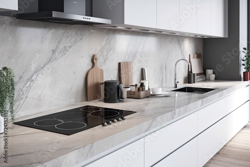 For a mockup, a contemporary kitchen worktop and an electric induction stove