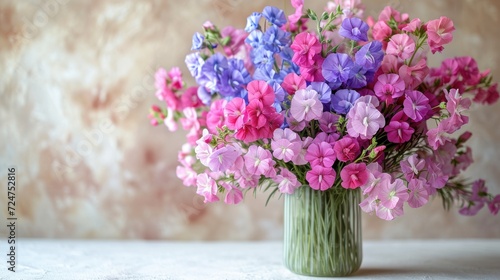  a vase filled with pink, purple and blue flowers on top of a white tablecloth covered tablecloth with a wall in the back ground behind the vase is a wall.