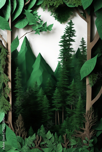 green forest background paper cut style, AI Generated.