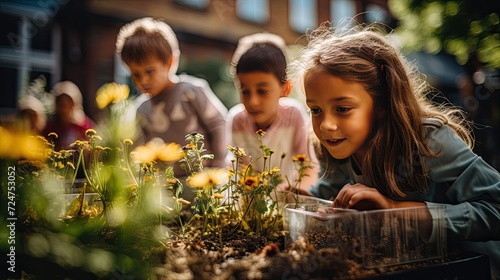 Children Observing Vibrant Flowers in a Serene Garden Setting, World Health Day