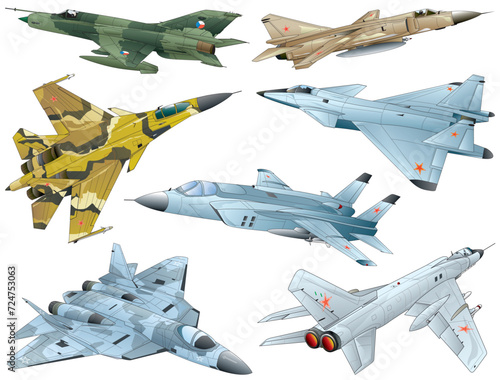 7 types of modern USSR and Russia jet engine fighter image vector Illustration set.