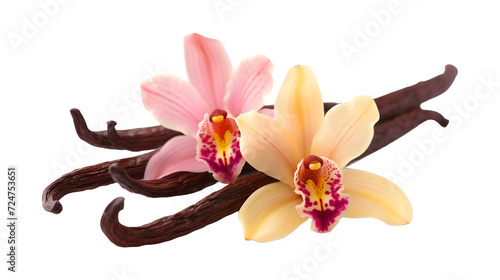 Focused Vanilla pods and yellow vanilla flowers isolated on transparent background