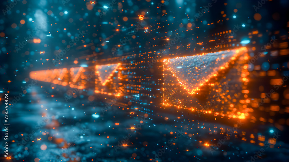 Abstract concept of a glowing digital data stream with dynamic orange ...