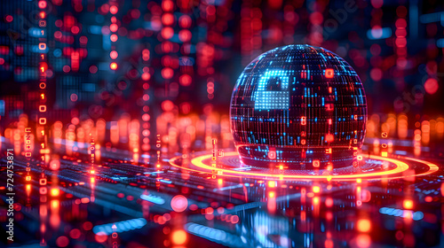 Futuristic digital world concept with a globe composed of binary code on a vibrant matrix background. 