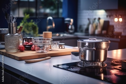 A kitchen counter with pots and pans. Ideal for showcasing a well-equipped kitchen.