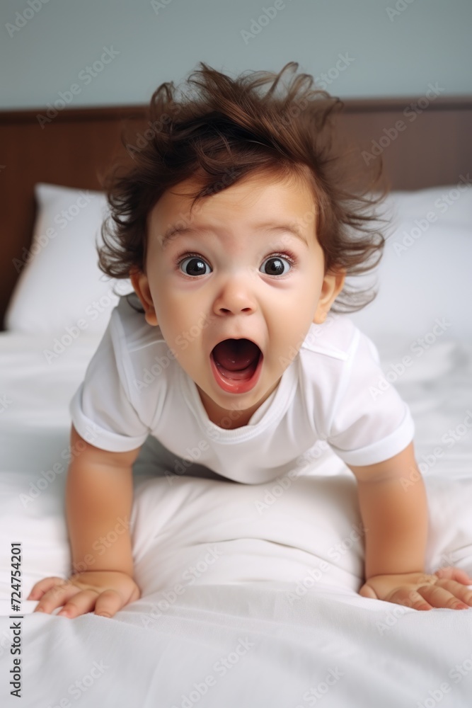 A baby laying on a bed with its mouth open. This picture can be used to depict a sleeping baby or to illustrate the concept of innocence and wonder A baby laying on a bed with its mouth open. This picture can be used to depict a sleeping baby or to illustrate the concept of innocence and wonder