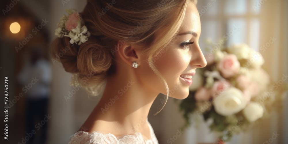 Naklejka premium A woman wearing a flower in her hair. Perfect for springtime events and floral-themed designs