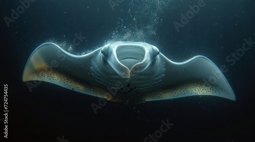 a manta ray swims through the water with its head above the water's surface to look like it's coming out of a tunnel or coming out of the water.