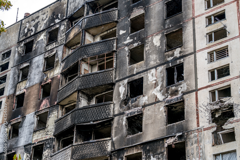Destroyed and burned buildings in Ukraine, war Destroyed and burned buildings in Ukraine, war