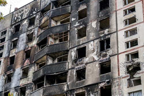 Destroyed and burned buildings in Ukraine, war