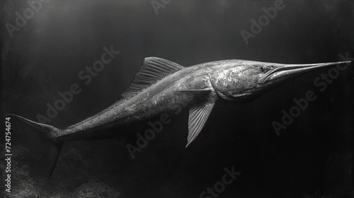  a black and white photo of a fish with a long tail and a long tail, swimming in the water, in a black and white photo with a black background.