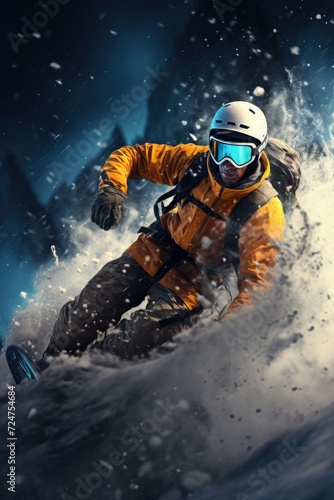 A man riding a snowboard down a snow covered slope. Suitable for winter sports and adventure-themed designs