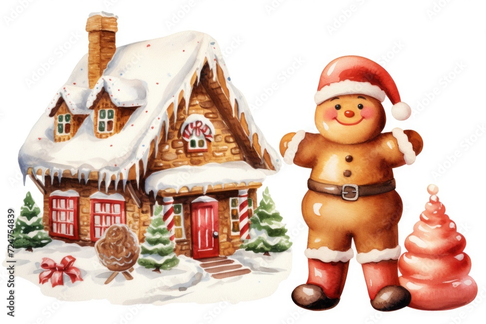 A gingerbread man stands proudly next to a gingerbread house, creating a delightful holiday scene. Perfect for Christmas and festive-themed designs