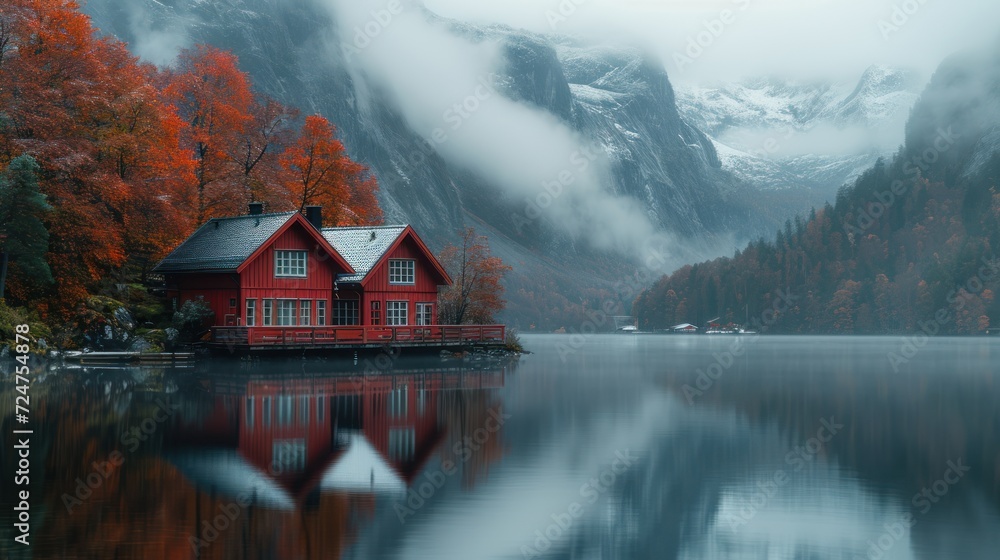 a red house sitting on top of a lake in front of a mountain covered in clouds and trees with a red house on it's shore in the middle of the water. a red house sitting on top of a lake in front of a mountain covered in clouds and trees with a red house on it's shore in the middle of the water.