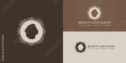 Vintage Beauty Greek Myth Woman God Goddess Head Sculpture logo design in gold color presented with multiple background colors. The logo is suitable for beauty and spa logo design inspiration template