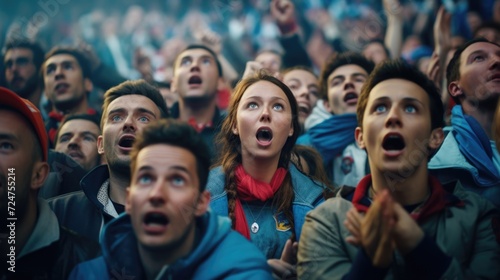 A crowd of people captured in a moment of surprise, with their mouths wide open. This image can be used to depict shock, astonishment, or amazement in various contexts