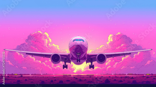  a large jetliner flying through a cloudy sky above a field of green and purple grass on a pink and blue sky with white clouds and yellow and green eyes. photo