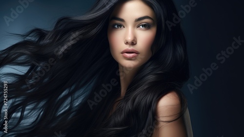 A woman with long black hair posing for a picture. Perfect for fashion magazines and beauty campaigns