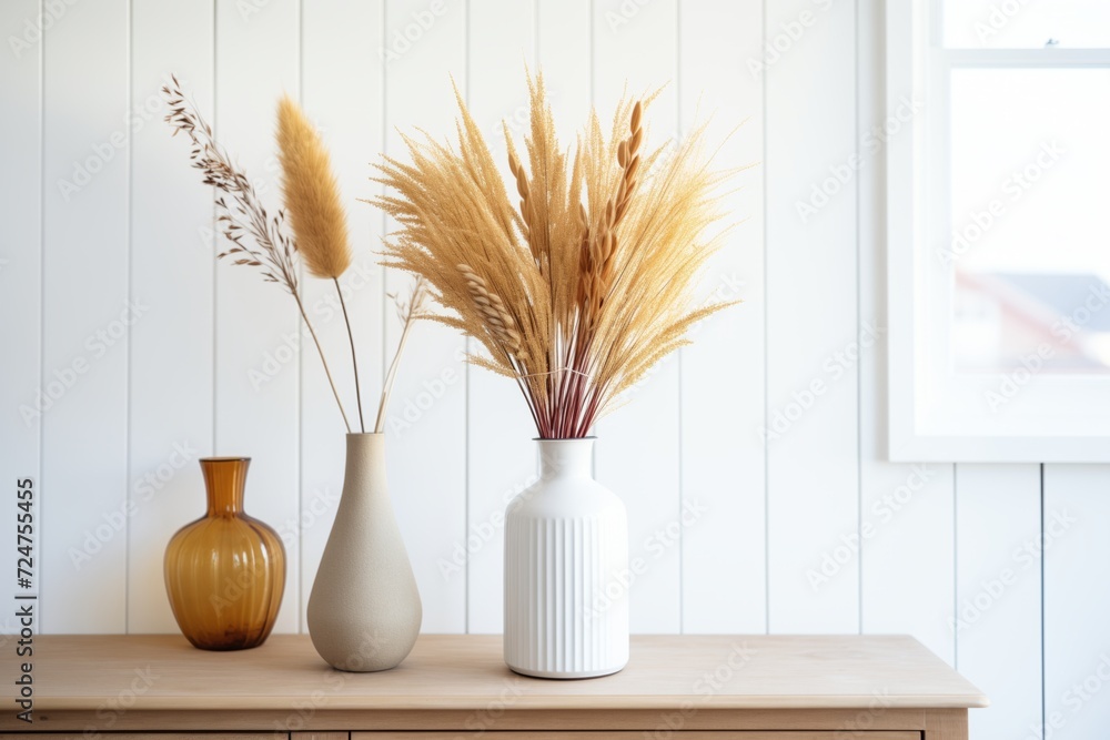 bunch of dried pampas grass in a white vase