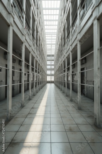 A picture of a long hallway in a building with numerous windows. This image can be used to depict a spacious and well-lit indoor environment