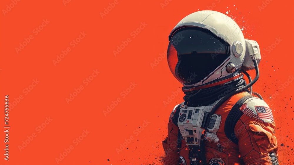  a man in an orange space suit with an american flag on his chest and a helmet on his head, standing in front of a red background with a splash of dust.