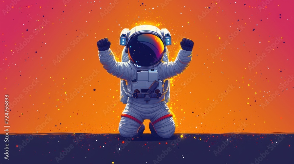  an astronaut sitting on the ground with his arms in the air and his hands in the air, with his hands in the air and his hands in the air.