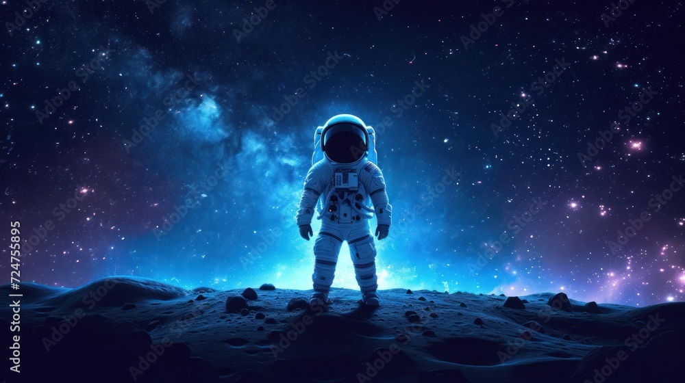  an astronaut standing on the surface of the moon looking at the stars in the night sky with a bright blue light shining on the moon in the middle of the background.