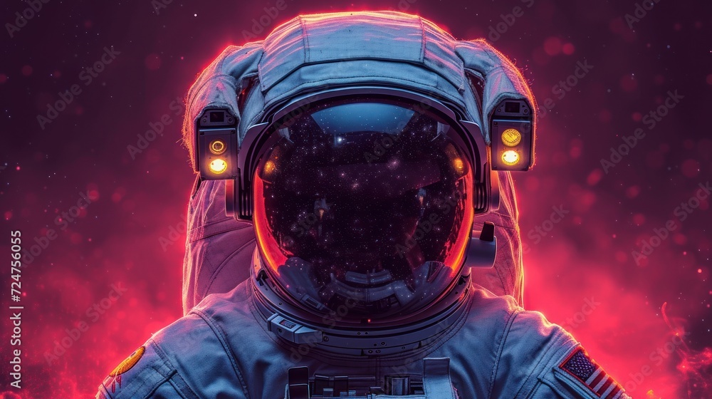 an artist's rendering of a spaceman in a space suit with glowing eyes and a helmet on, with a background of red and purple smoke and red. an artist's rendering of a spaceman in a space suit with glowing eyes and a helmet on, with a background of red and purple smoke and red.