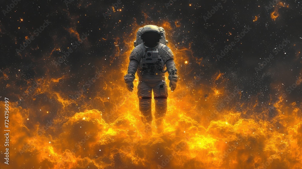 a man in a space suit standing in the middle of a fire filled space with bright yellow and orange flames surrounding him and a black background is also visible in the foreground. a man in a space suit standing in the middle of a fire filled space with bright yellow and orange flames surrounding him and a black background is also visible in the foreground.