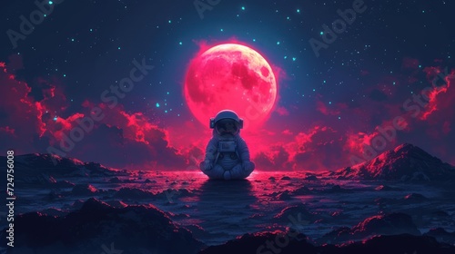  a person sitting on the ground in front of a red moon with a sky full of stars and a red moon in the middle of the sky with red clouds.