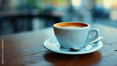 A cup of coffee on the table with spoon  background bookeh effect