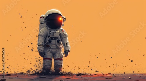  a man in a space suit standing in a puddle of mud and dirt in front of an orange sky with a red spot in the center of the image of the image. photo