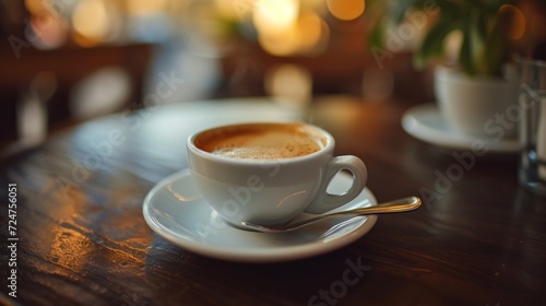 A cup of coffee on the table with spoon, background bookeh effect
