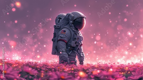  a man in a space suit standing in a field of flowers with a pink sky in the background and pink and purple hues in the middle of the image.