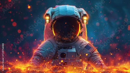  a man in a space suit standing in the middle of a fire filled space with bright lights on his head and hands on his chest, in front of a black background.