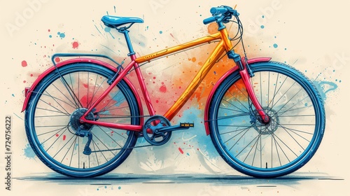  a bicycle painted with watercolors on a white background with a splash of paint on the back of the bike and the front tire of the bike is leaning against the wall. photo
