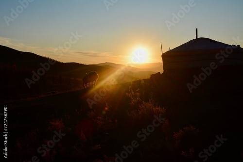 mongolian ger (yurt) at sunrise