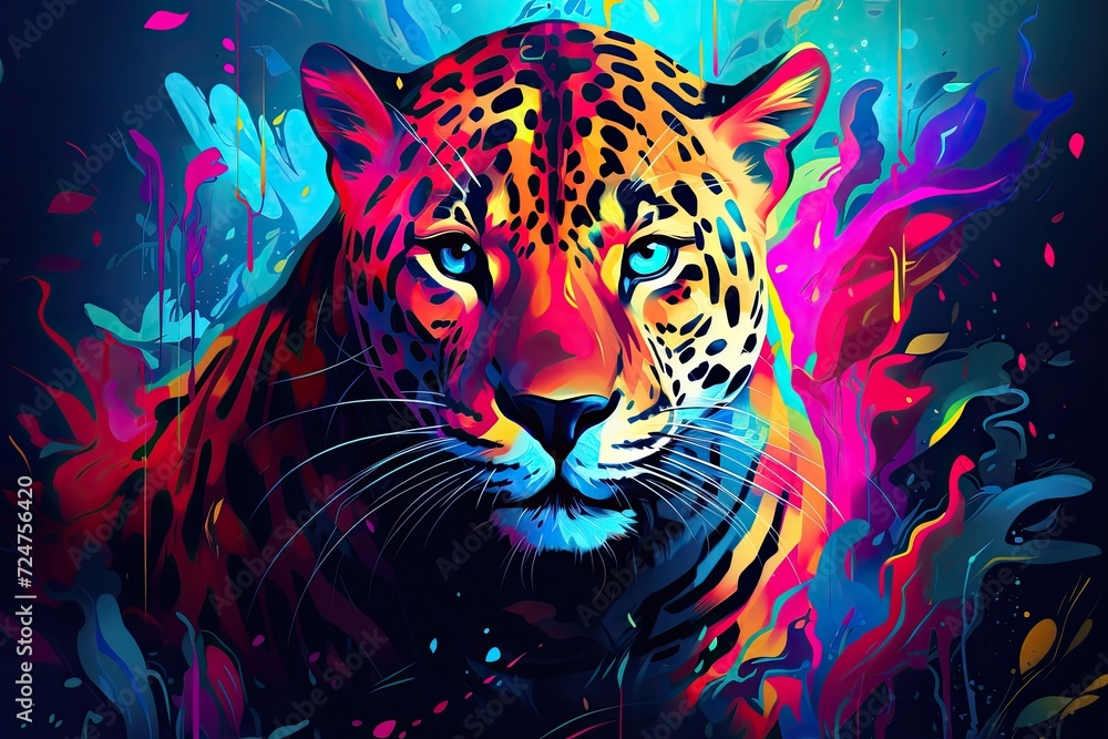 colorful jaguar animal portrait illustration - obrazy, fototapety, plakaty 