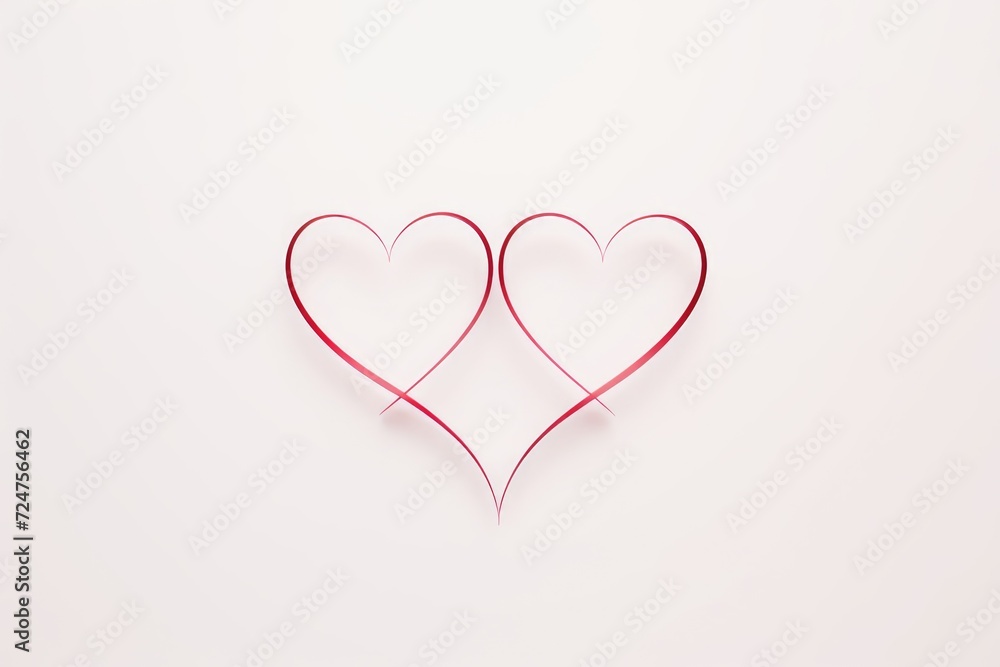 Two hearts made out of red ribbon on a white surface. Ideal for Valentine's Day or anniversary themed projects