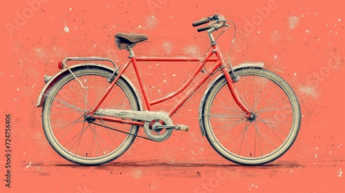  a red bicycle is parked against a pink wall with a rusted metal handlebar on the front of the bike and the back tire of the bike is leaning against the wall.