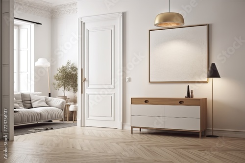 Modern white interior with a doorway to a room with a sofa and a coffee table and a parquet floor, an illuminated horizontal poster above a light colored cabinet with dcor, and other features. in fron © Vusal