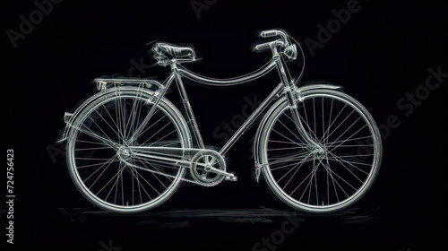  a black and white photo of a bicycle on a black background with a line drawing of the front wheel and the spokes of the bike and the front wheel.