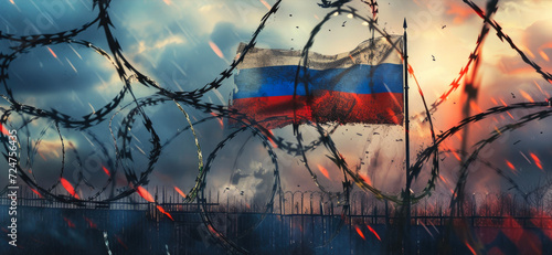 Symbolic Struggle: Russian Flag Amidst Barriers photo