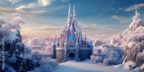 Magic Castle in a winter wonderland. Fantasy snowy landscape. Winter castle on the mountain  winter forest.