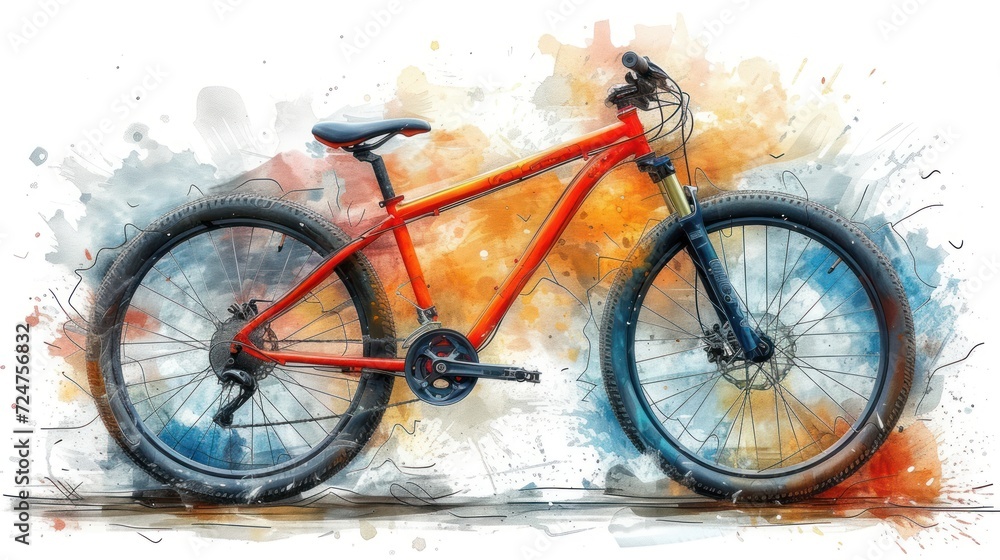 a watercolor painting of a bicycle with orange and blue paint