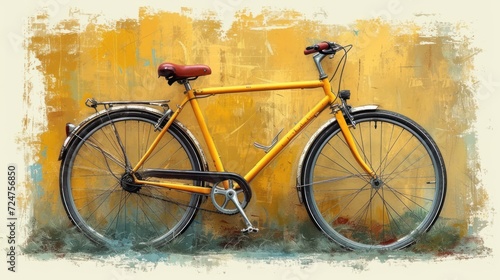  a painting of a yellow bicycle leaning against a yellow wall with a red seat on the front of the bike and a red seat on the back of the bike.