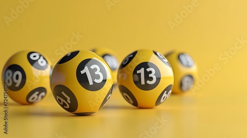Close up of yellow lottery balls on pastel background with lucky number 13 as the focal point
